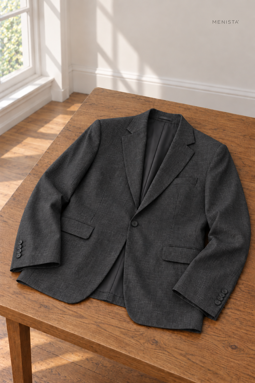 Ombra Dark Charcoal 100% Linen 3PC Suit — jacket resting naturally on a flat surface