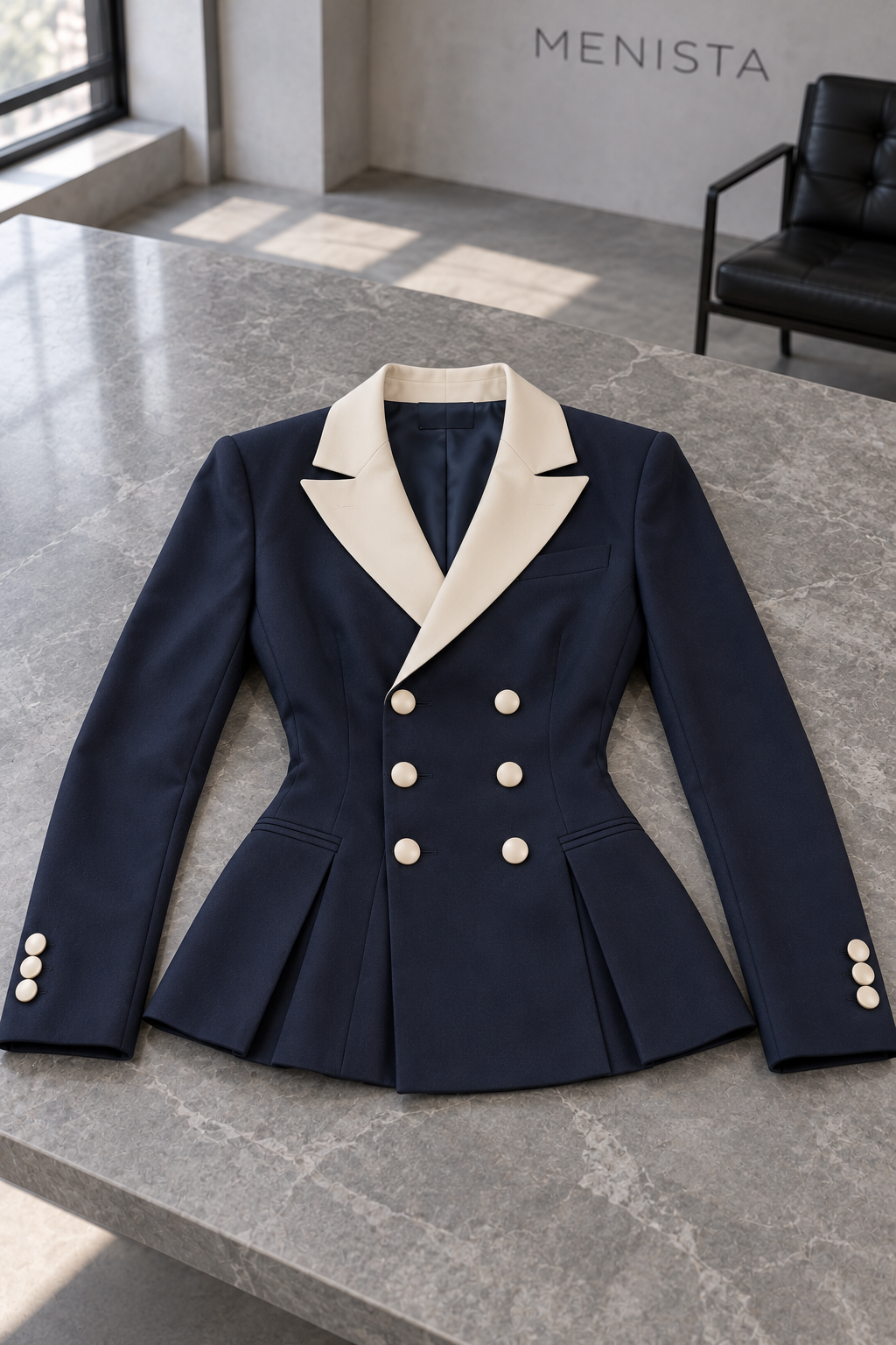 Marielle jacket spread flat on a stone table with both sleeves supported.
