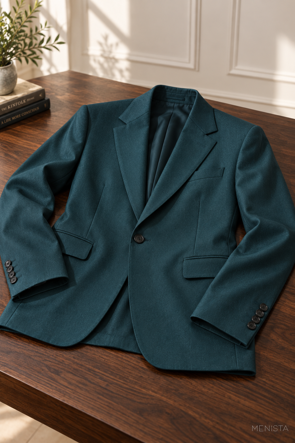 Silas Deep Teal Wool Twill 3PC Suit — jacket-only still life on a flat walnut table