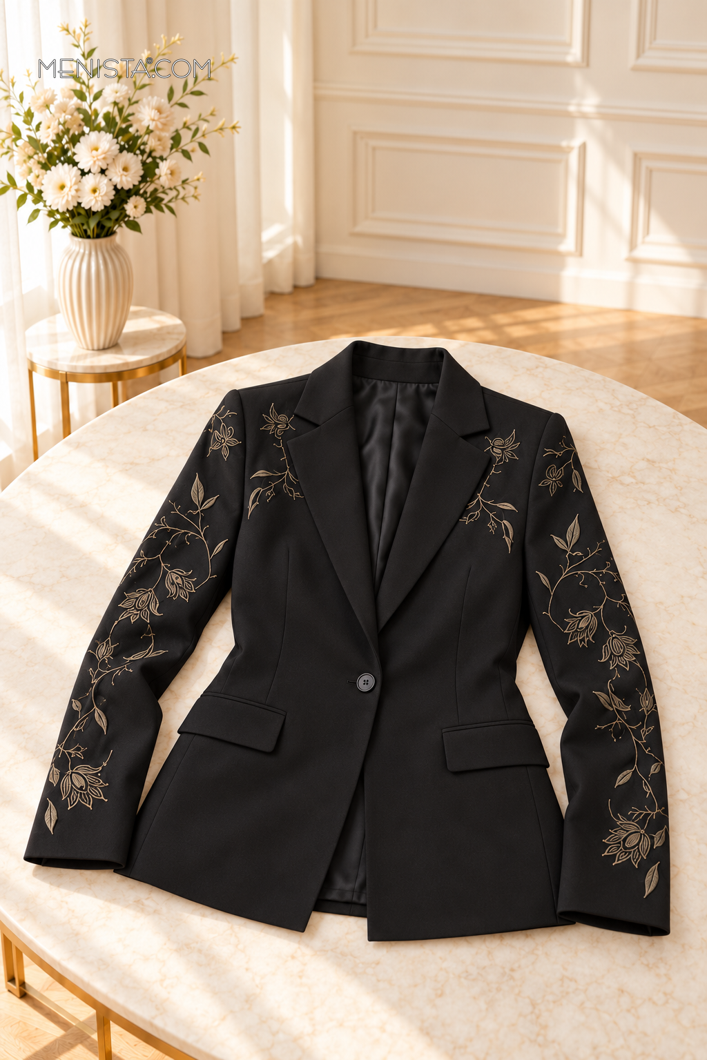 Virelia Black Vine Embroidered 2PC Suit - jacket on stone table