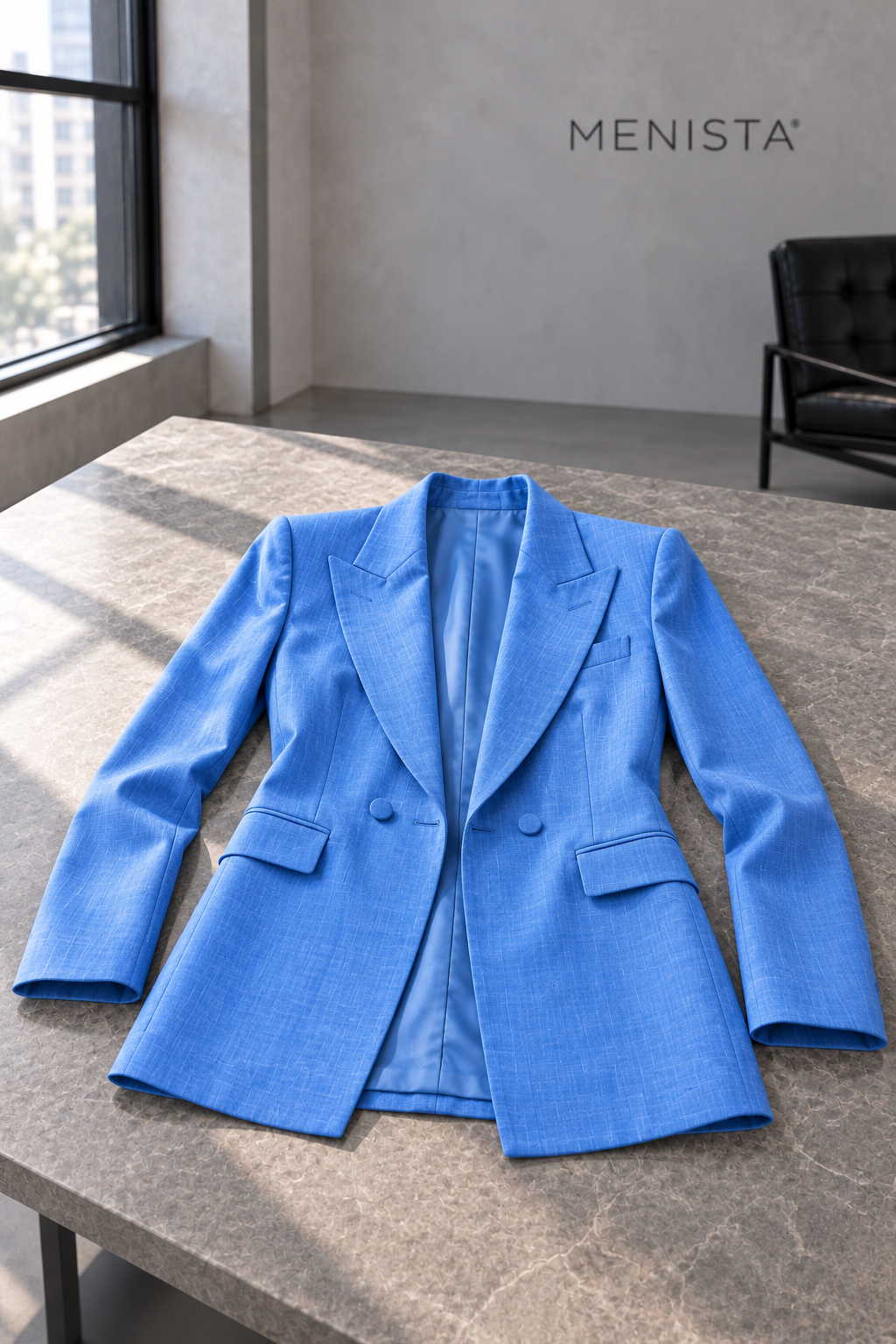 Leontine jacket spread flat on a stone table with both sleeves supported.