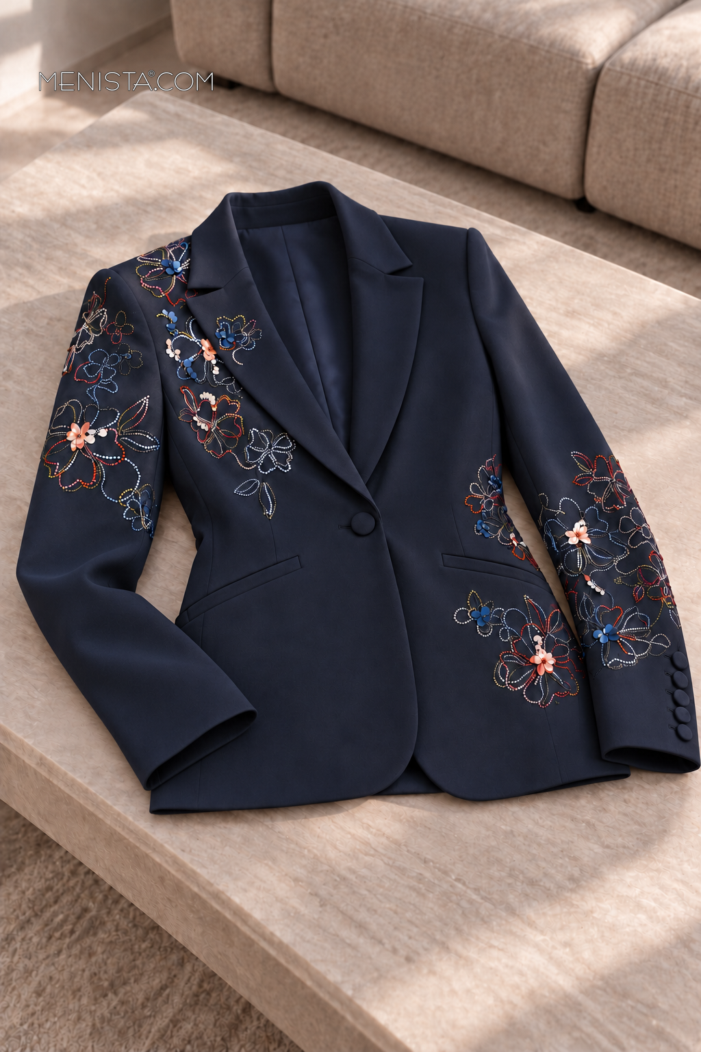 Nerelle Navy Floral Embroidered 2PC Suit - jacket still life on a taupe sofa