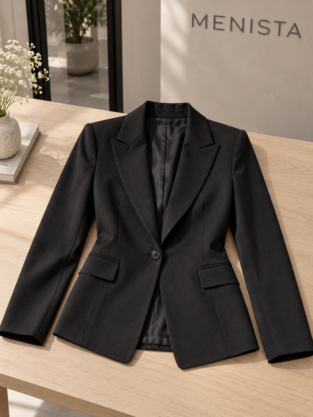 Black women’s single-button notch-lapel jacket resting on a broad oak table, showing flap pockets and natural drape.