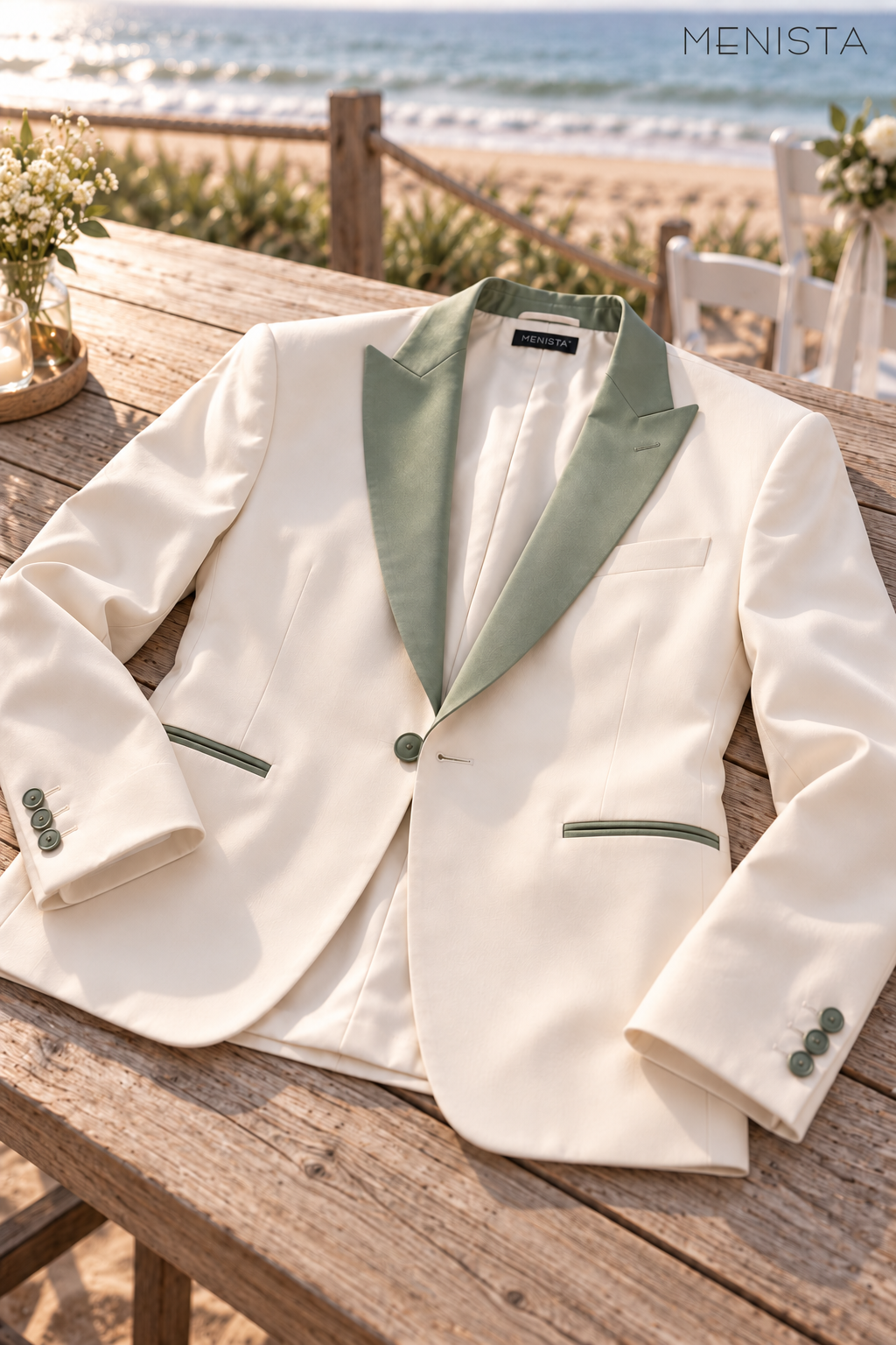 Ivory jacket still life showing sage peak lapels, jetted pocket trim and three plastic cuff buttons per sleeve.