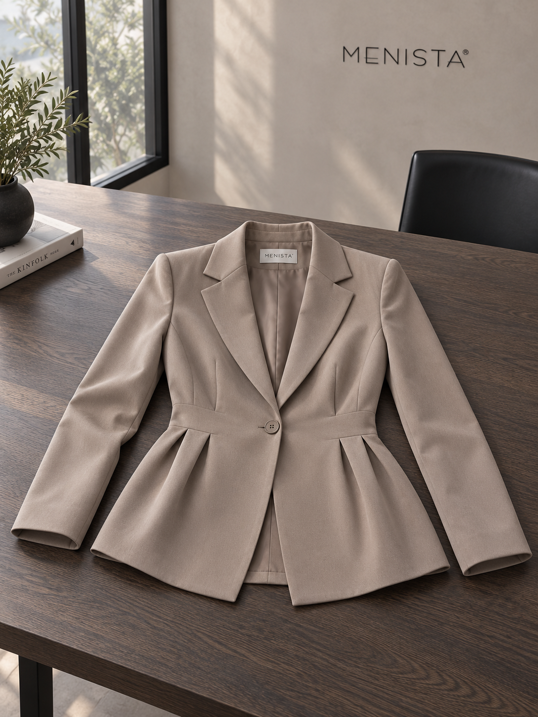 Menista women’s taupe pleated-waist wide-leg two-piece suit — jacket-only still life on a flat surface.