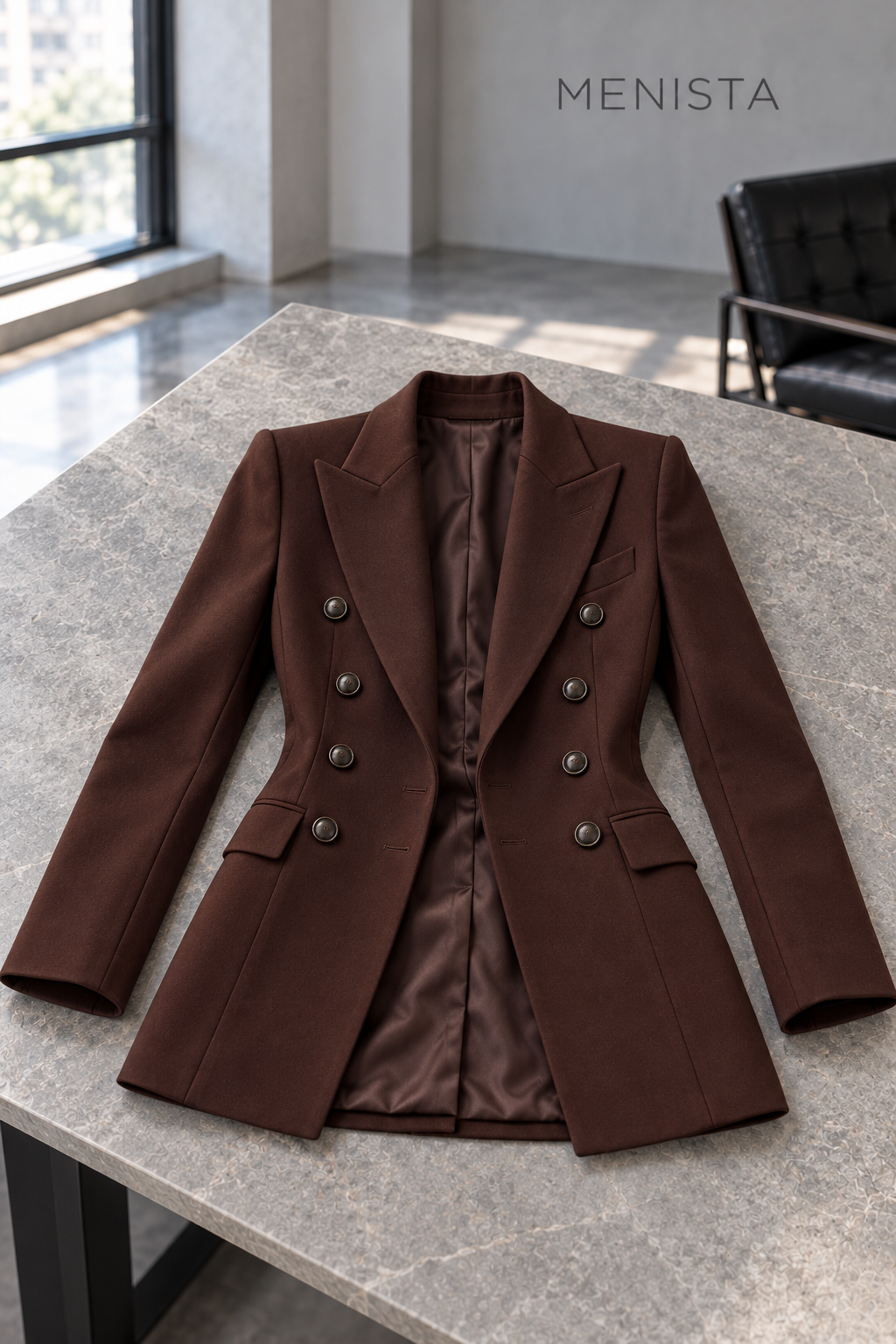Evelina jacket spread flat on a stone table with both sleeves supported.