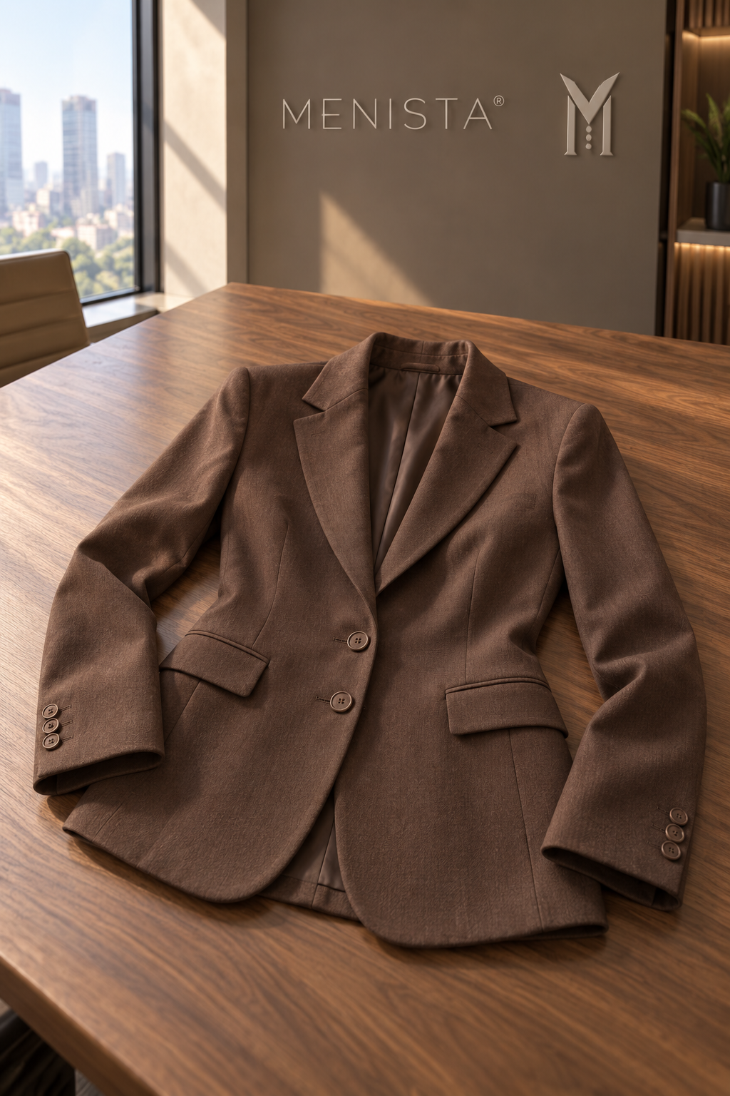 Brown women’s two-button blazer laid flat on a walnut table, showing lapels, flap pockets and cuff detailing.