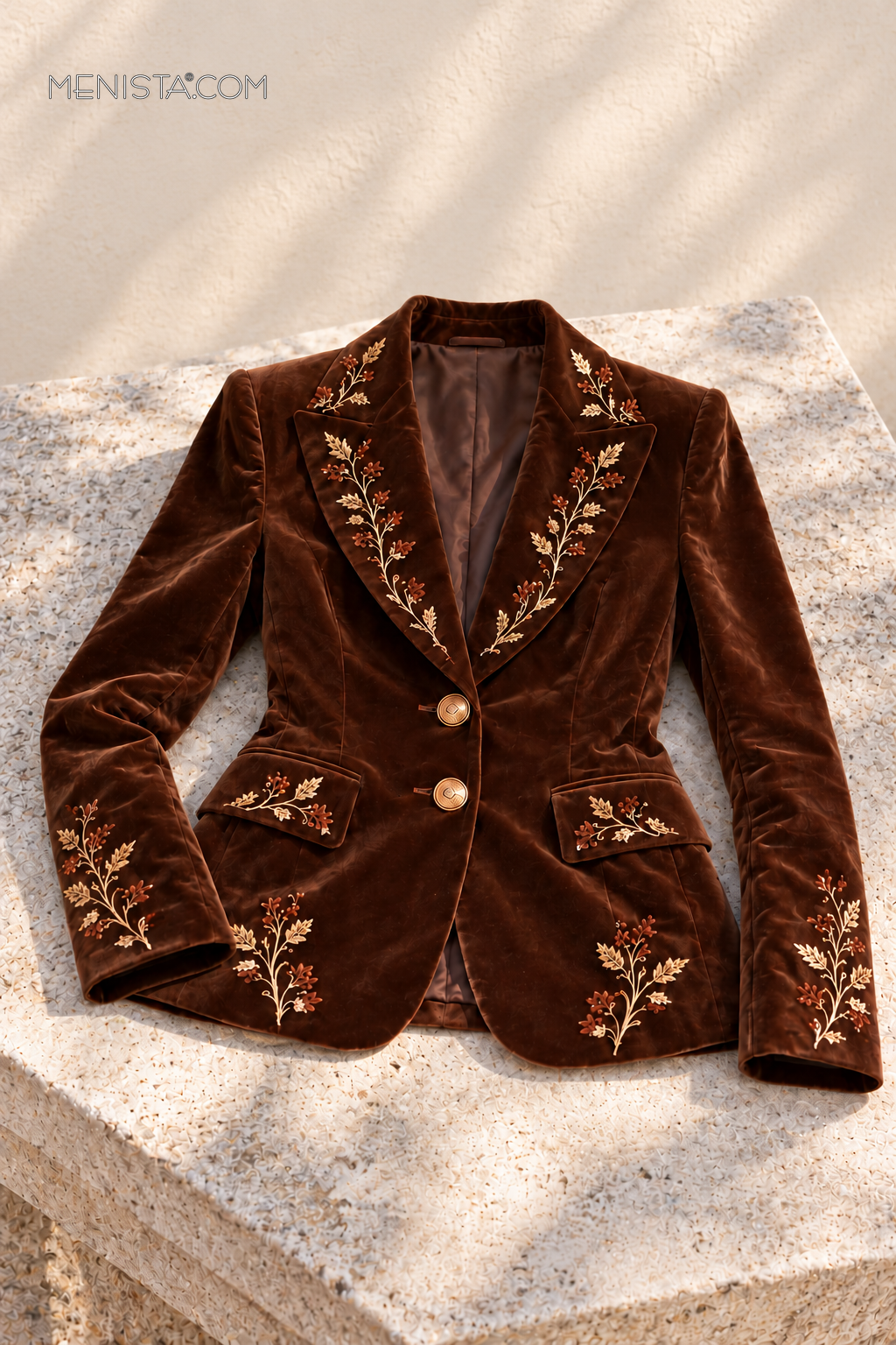 Florienne Brown Velvet Botanical Embroidered 2PC Suit - jacket on stone table