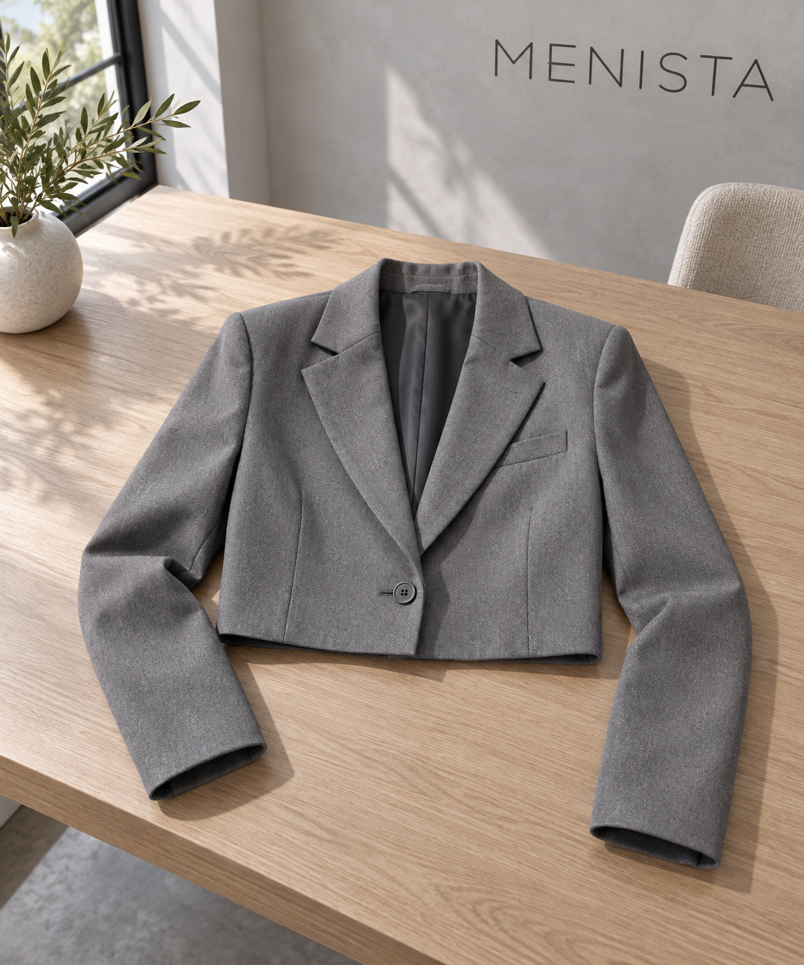 The jacket from the women’s grey cropped single-button blazer and matching wide-leg trousers, arranged flat with naturally supported sleeves.