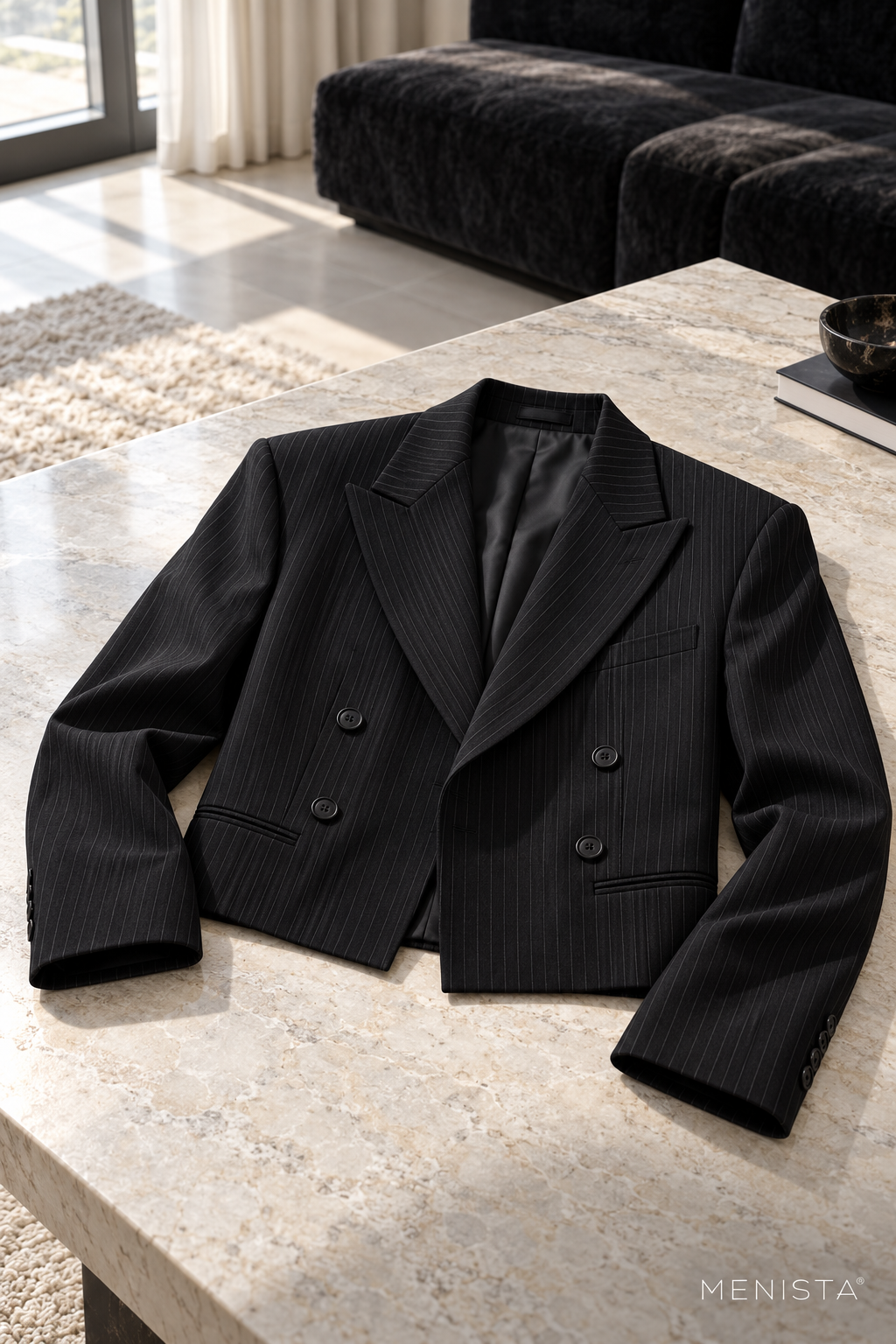 Jovian Black Pinstripe Cropped Double-Breasted 2PC Suit - jacket-only still life