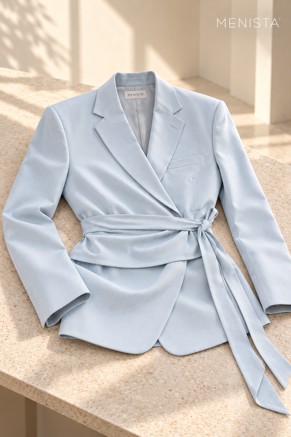 Zephyr Ice Blue Sash-Wrap 2PC Suit - jacket-only still life