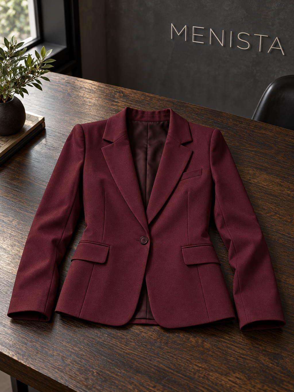 The jacket from the women’s burgundy single-button jacket and matching flared trousers, arranged flat with naturally supported sleeves.