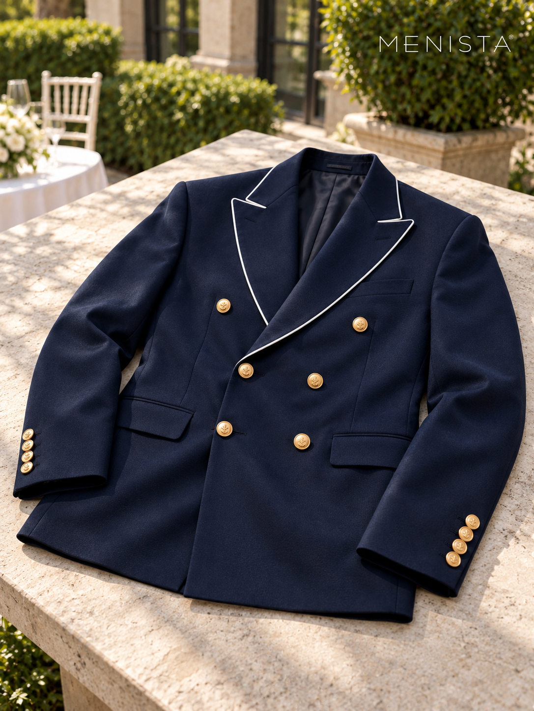 Navy jacket still life showing white lapel piping, six gold front buttons, flap pockets and four gold cuff buttons per sleeve.
