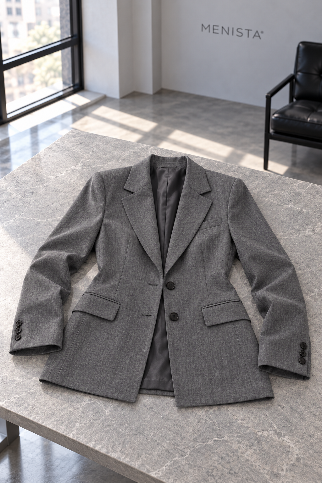 Elowen charcoal melange jacket lying flat on a stone table with both sleeves supported.