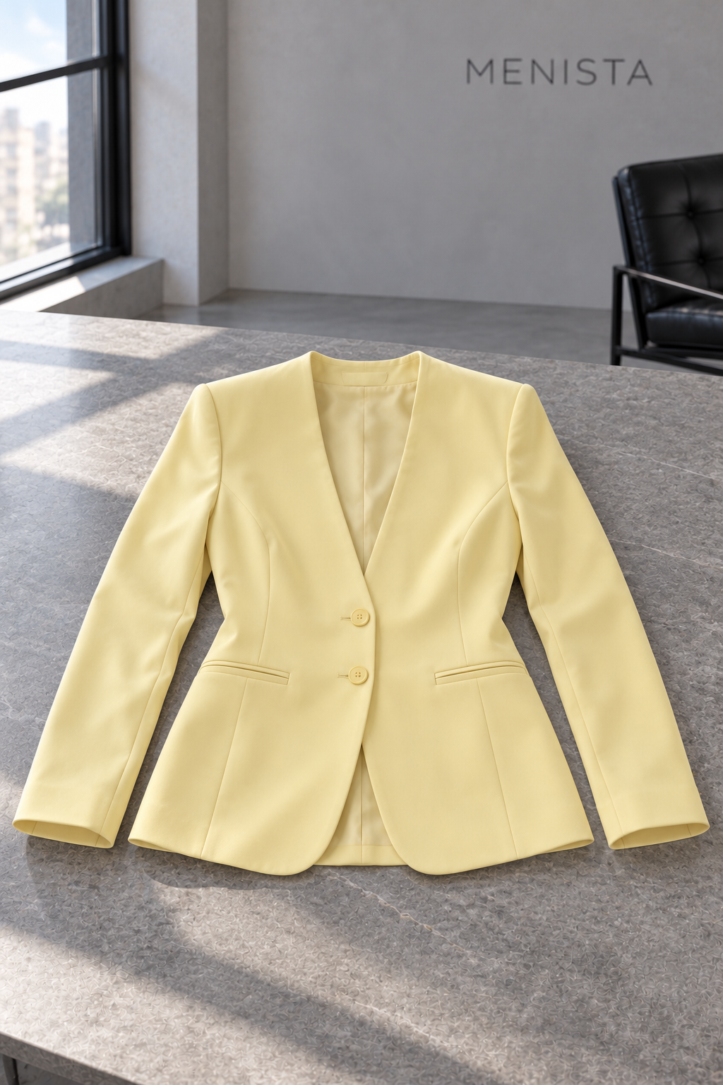Rosamund jacket spread flat on a stone table with both sleeves supported.