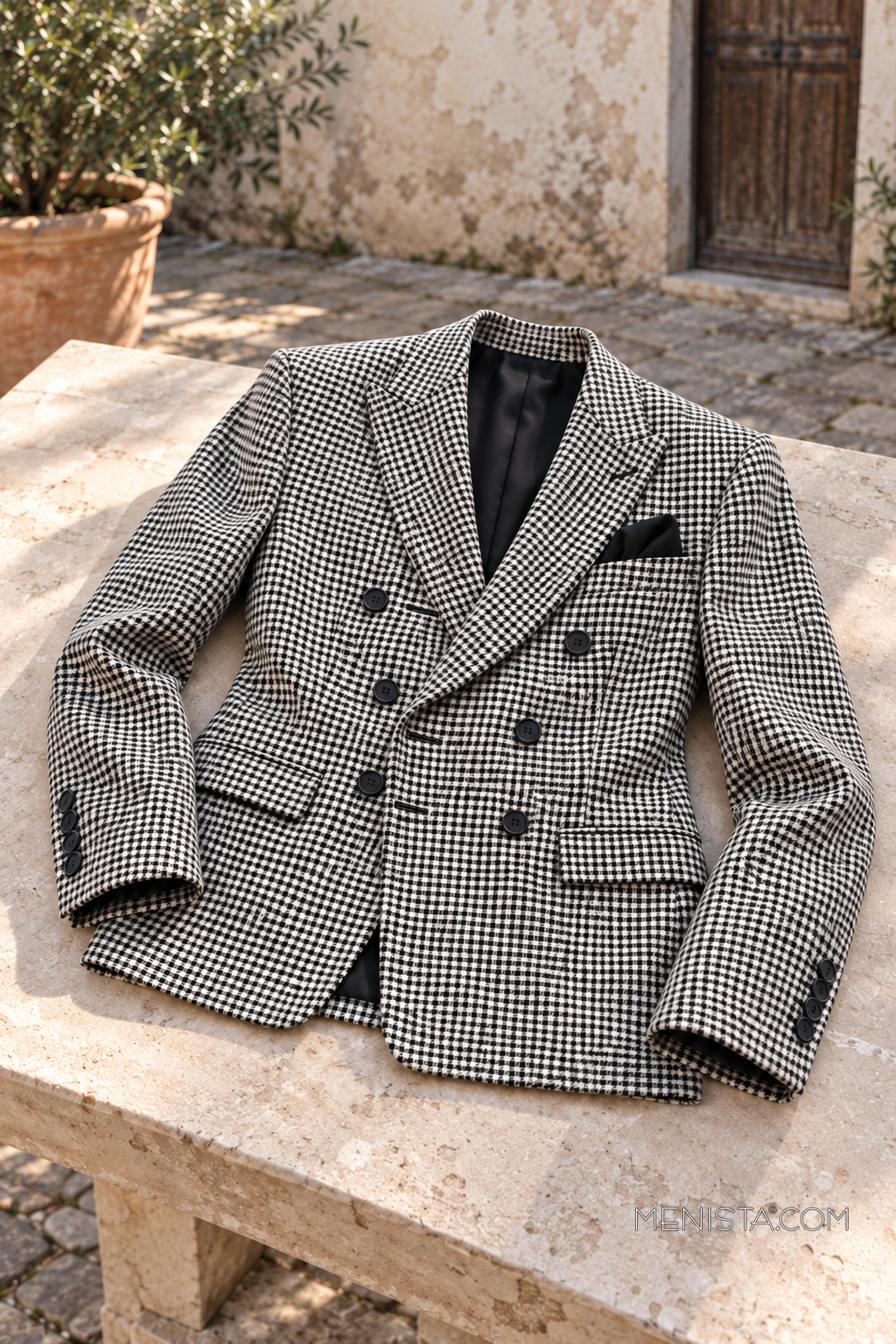 Evaristo houndstooth double-breasted jacket on a stone table, showing six front buttons and stitched buttonholes.