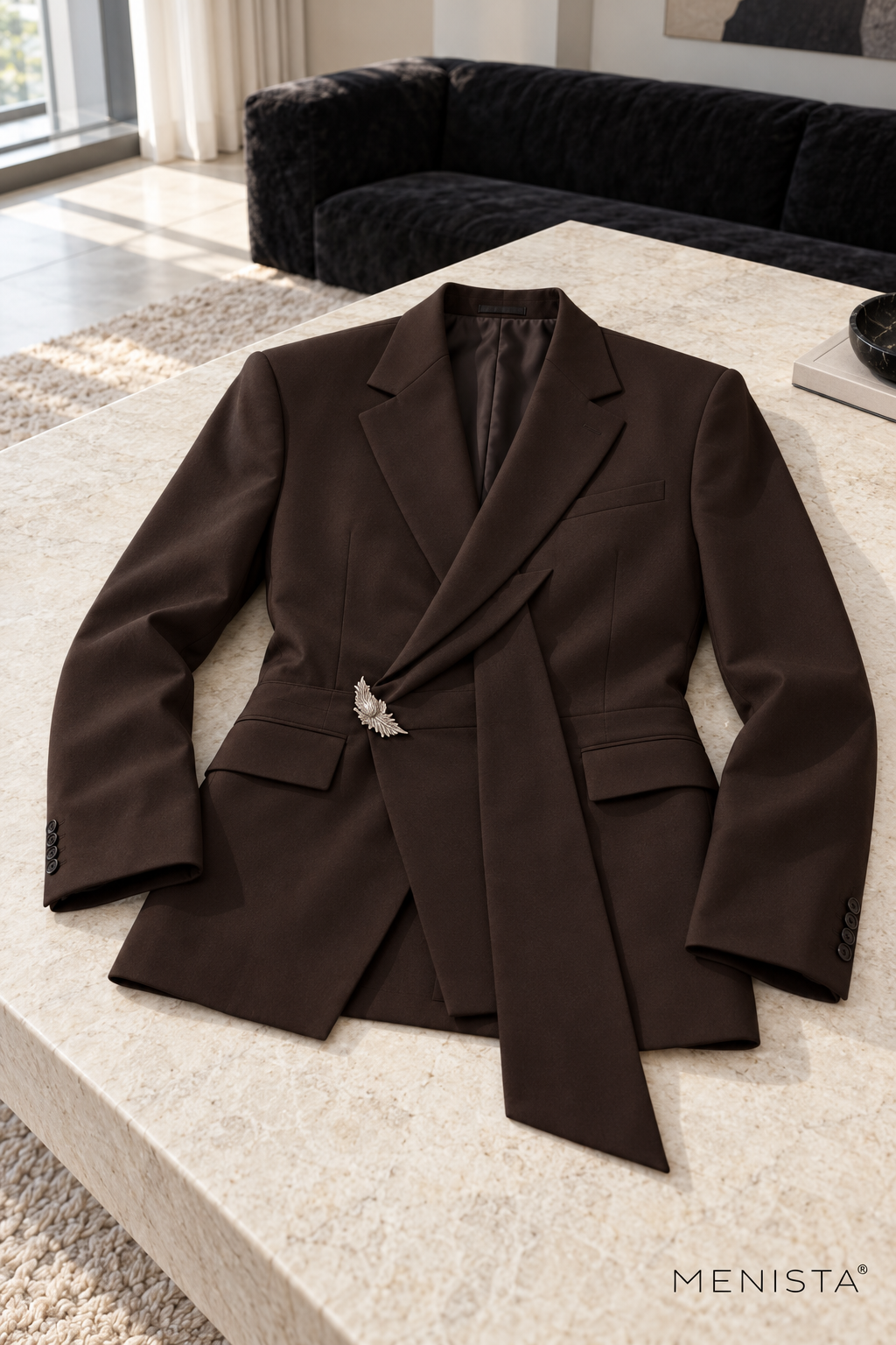 Hadrian Espresso Brown Asymmetric Wrap 2PC Suit - jacket-only still life
