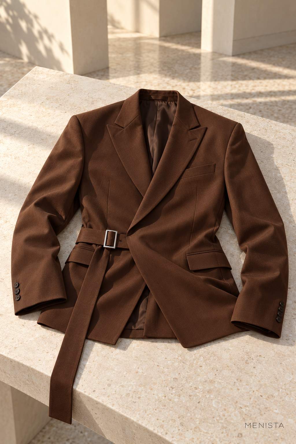 Marek Chocolate Brown Buckle-Wrap Wide-Leg 2PC Suit - jacket-only still life