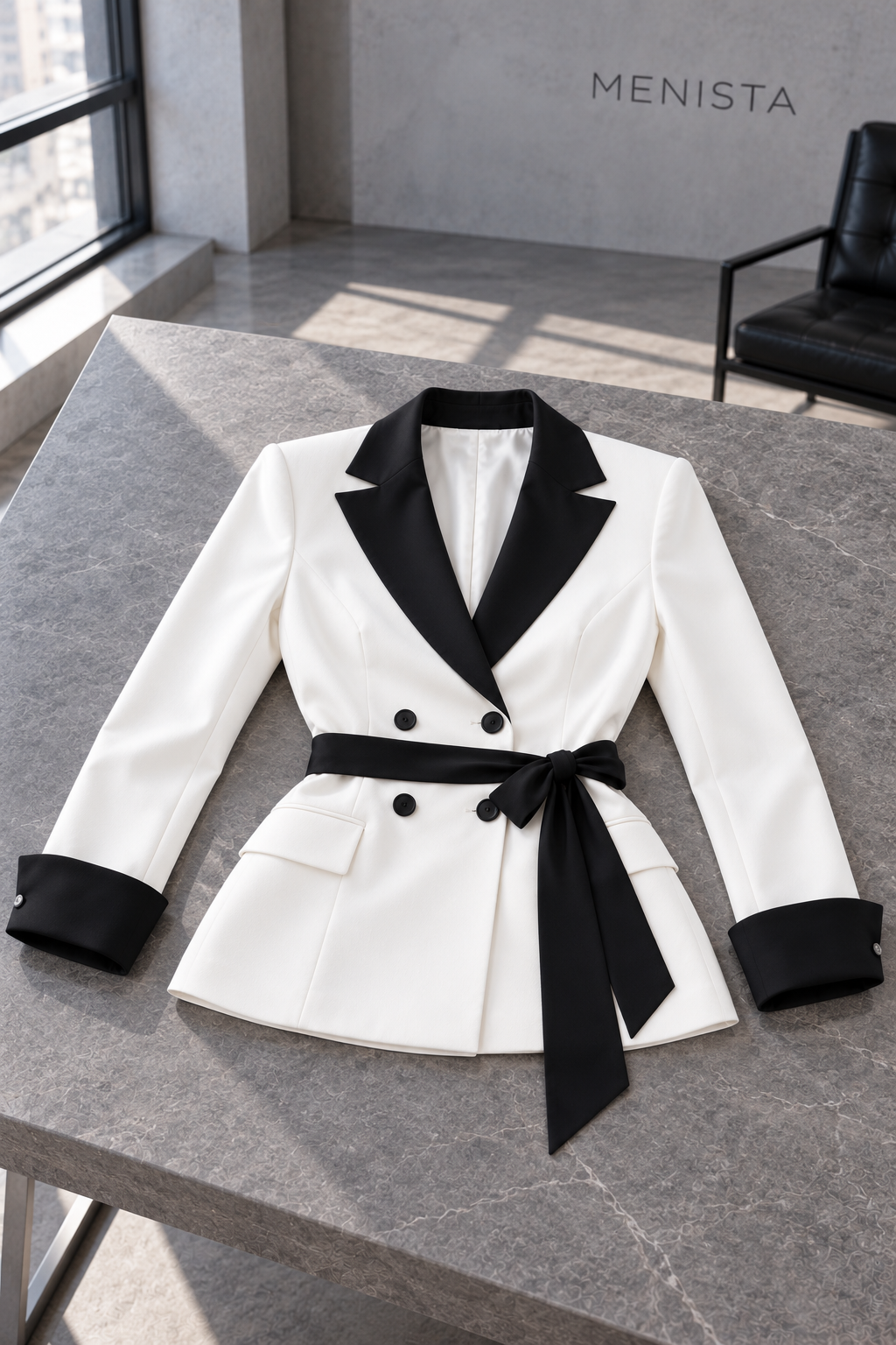Aveline jacket spread flat on a stone table with both sleeves supported.