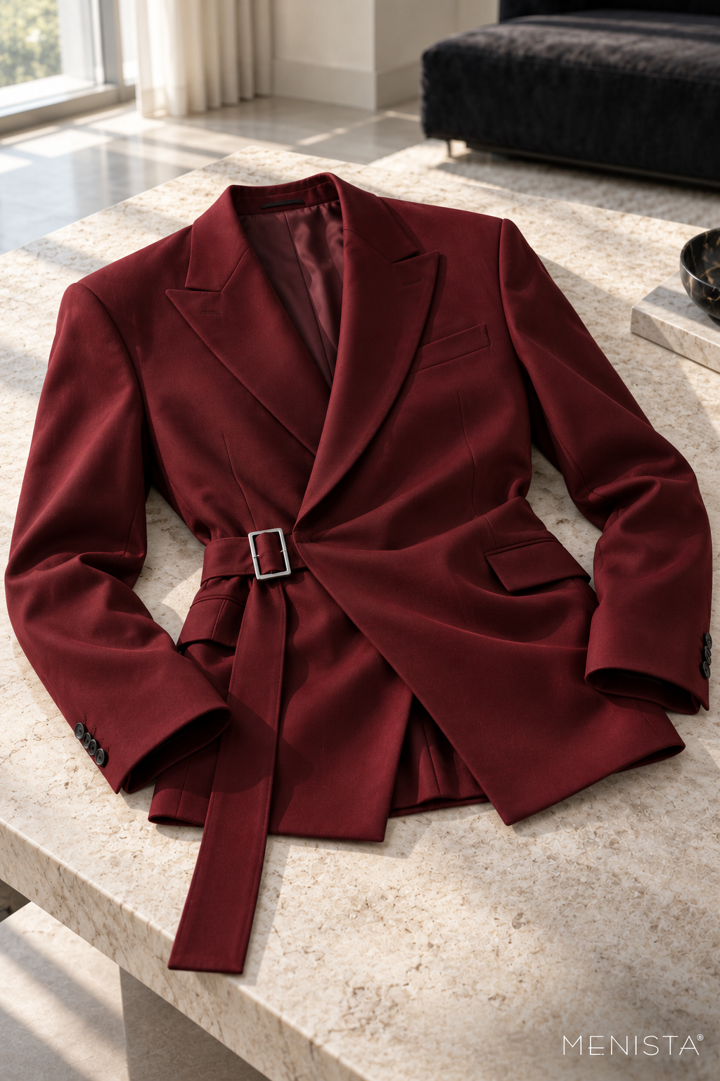 Dacian Burgundy Buckle-Wrap Wide-Leg 2PC Suit - jacket-only still life