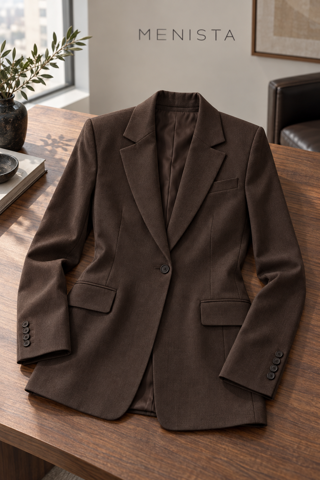 Chocolate-brown women’s single-button blazer resting flat on a walnut table, showing flap pockets and four-button cuffs.