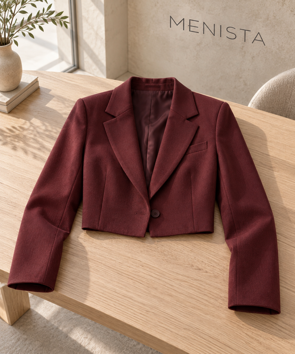 The jacket from the women’s burgundy cropped jacket and grey melange wide-leg trouser set, arranged flat with naturally supported sleeves.