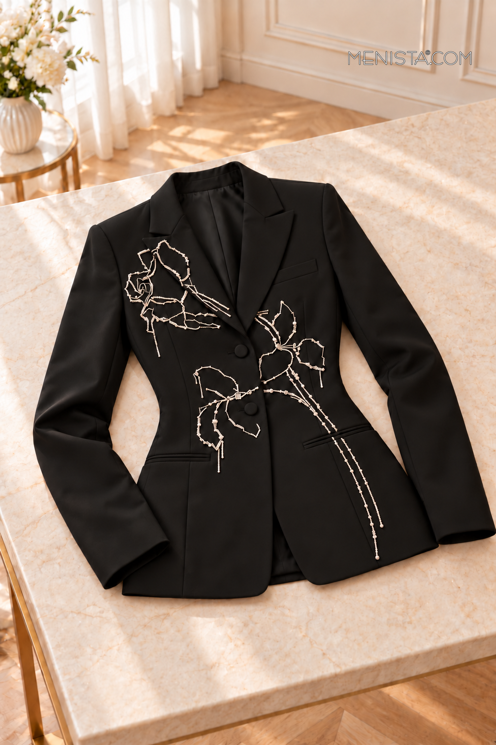 Rosienne Black Silver Rose Embroidered 2PC Suit - jacket on stone table