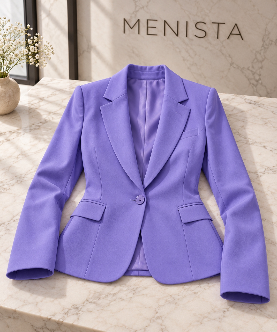 The jacket from the women’s periwinkle single-button jacket and matching flared trousers, arranged flat with naturally supported sleeves.