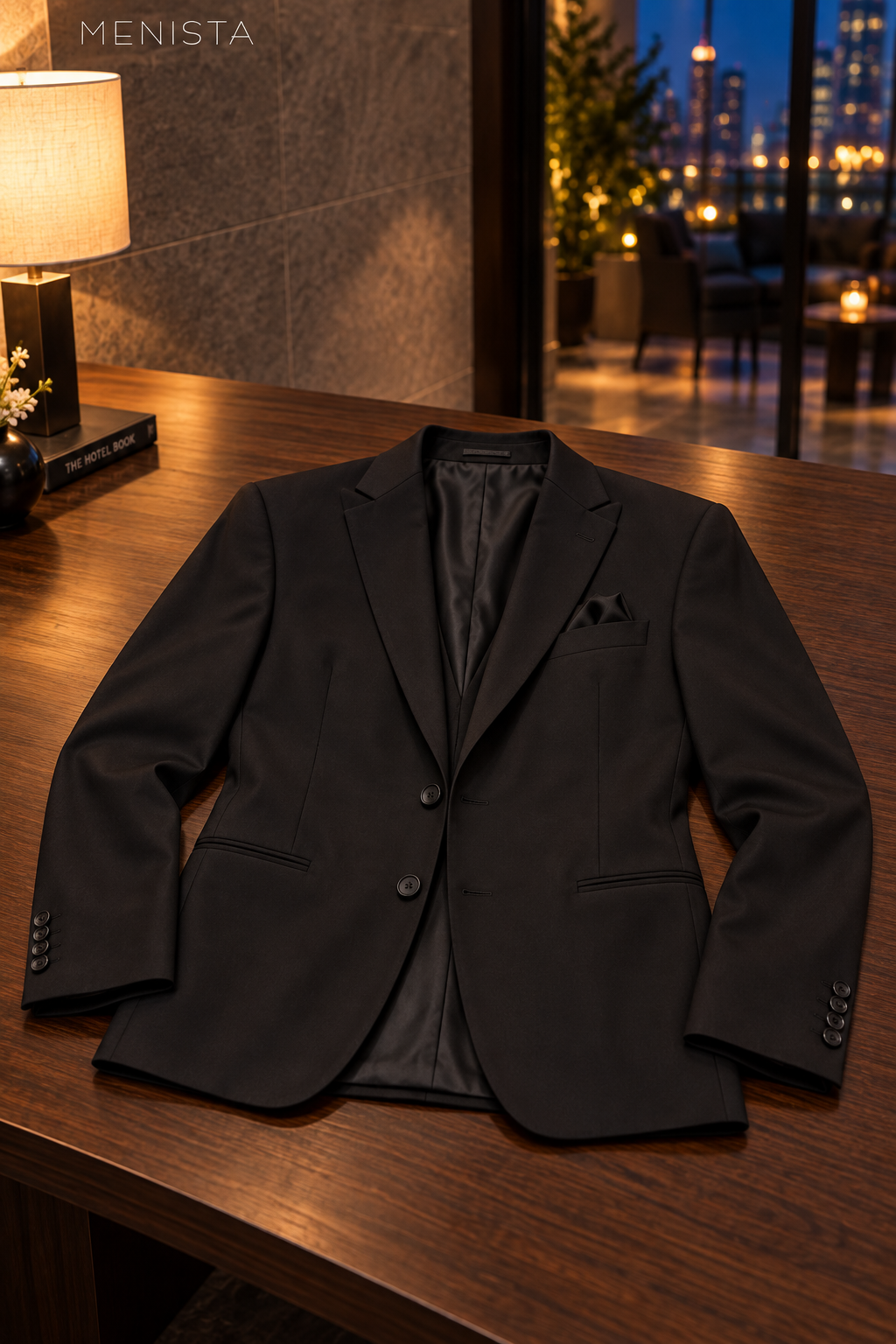 Black two-button notch-lapel jacket resting flat with jetted pockets and supported sleeves.