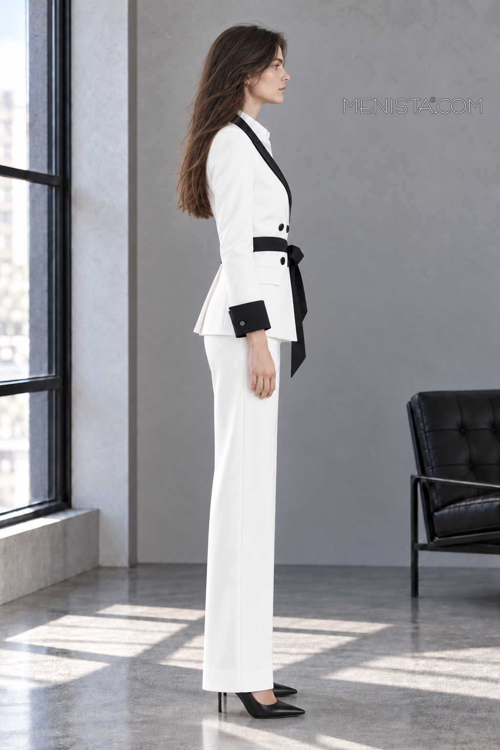 Aveline white and black belted double-breasted two-piece suit, full-body true side profile on Sofia.