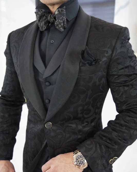 Menista Black Jacquard Three-Piece Tuxedo - Perfect for Weddings, Engagements, Prom, Groom & Groomsmen