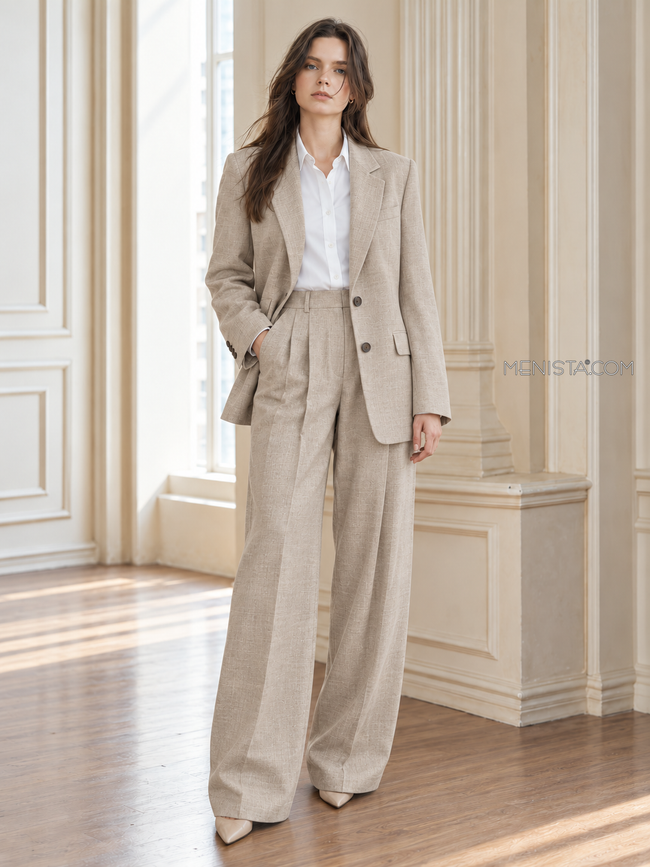 Althea women’s warm greige oversized linen two-piece suit, front view of oversized jacket and wide-leg trousers.