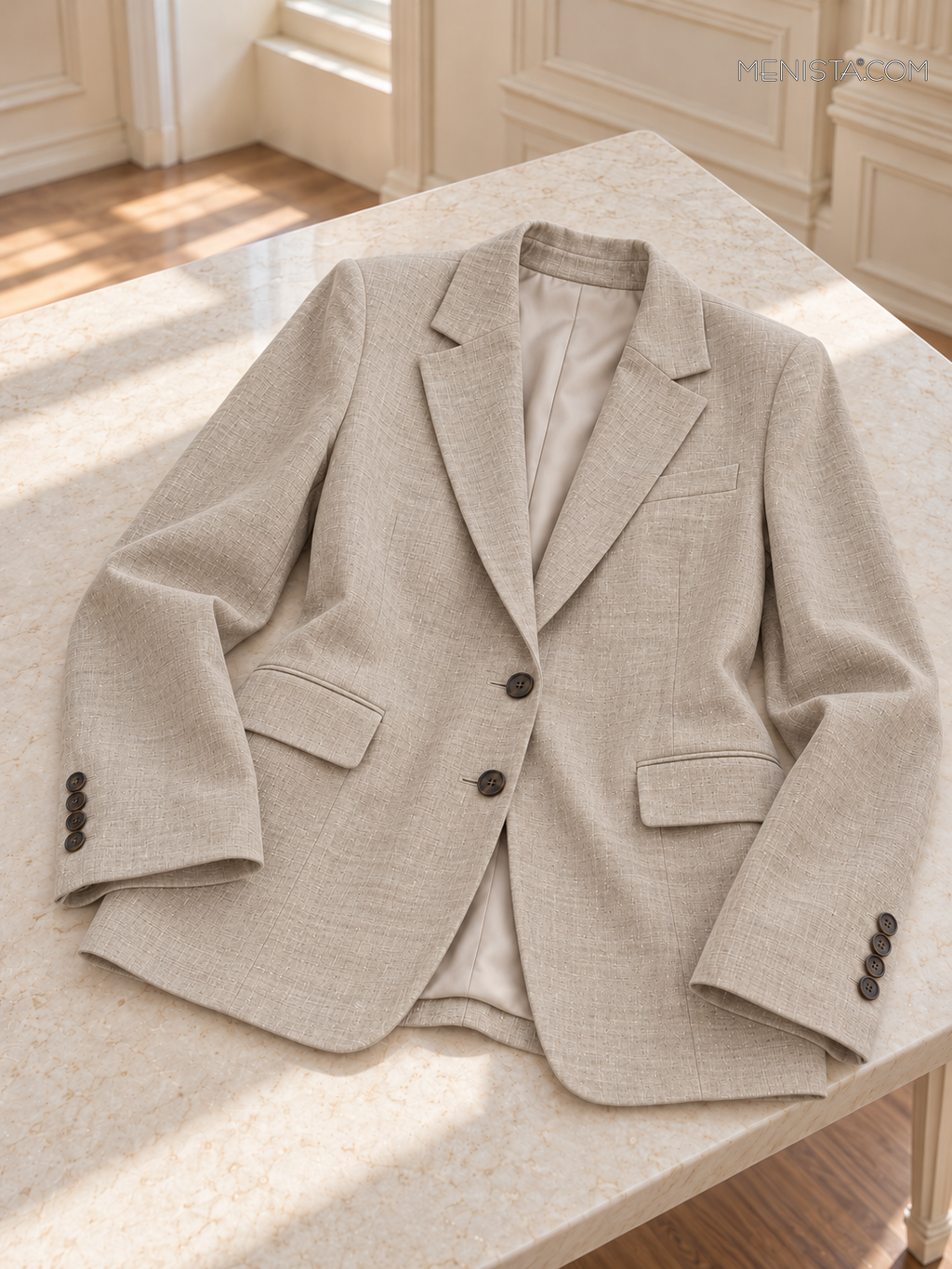 Althea warm greige linen jacket spread flat on a stone table with both sleeves supported.
