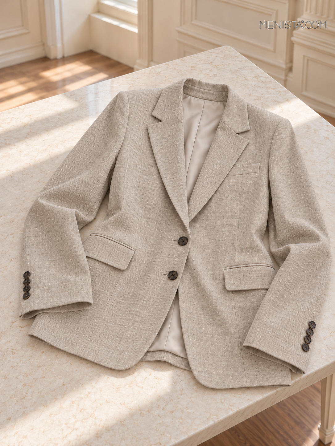 Althea warm greige linen jacket spread flat on a stone table with both sleeves supported.