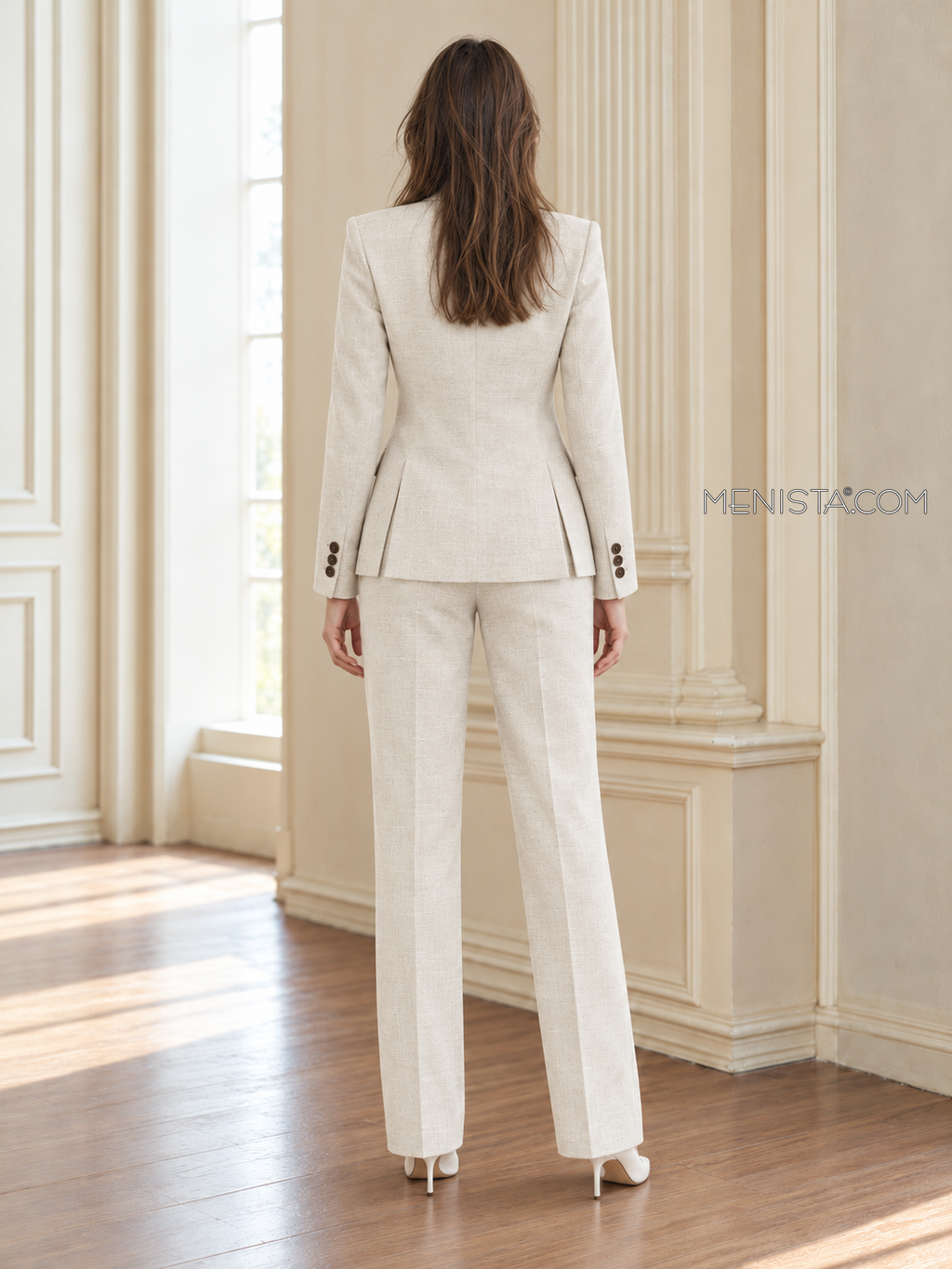 Back of Amaranthe linen jacket showing twin rear vents and matching full-length trousers.