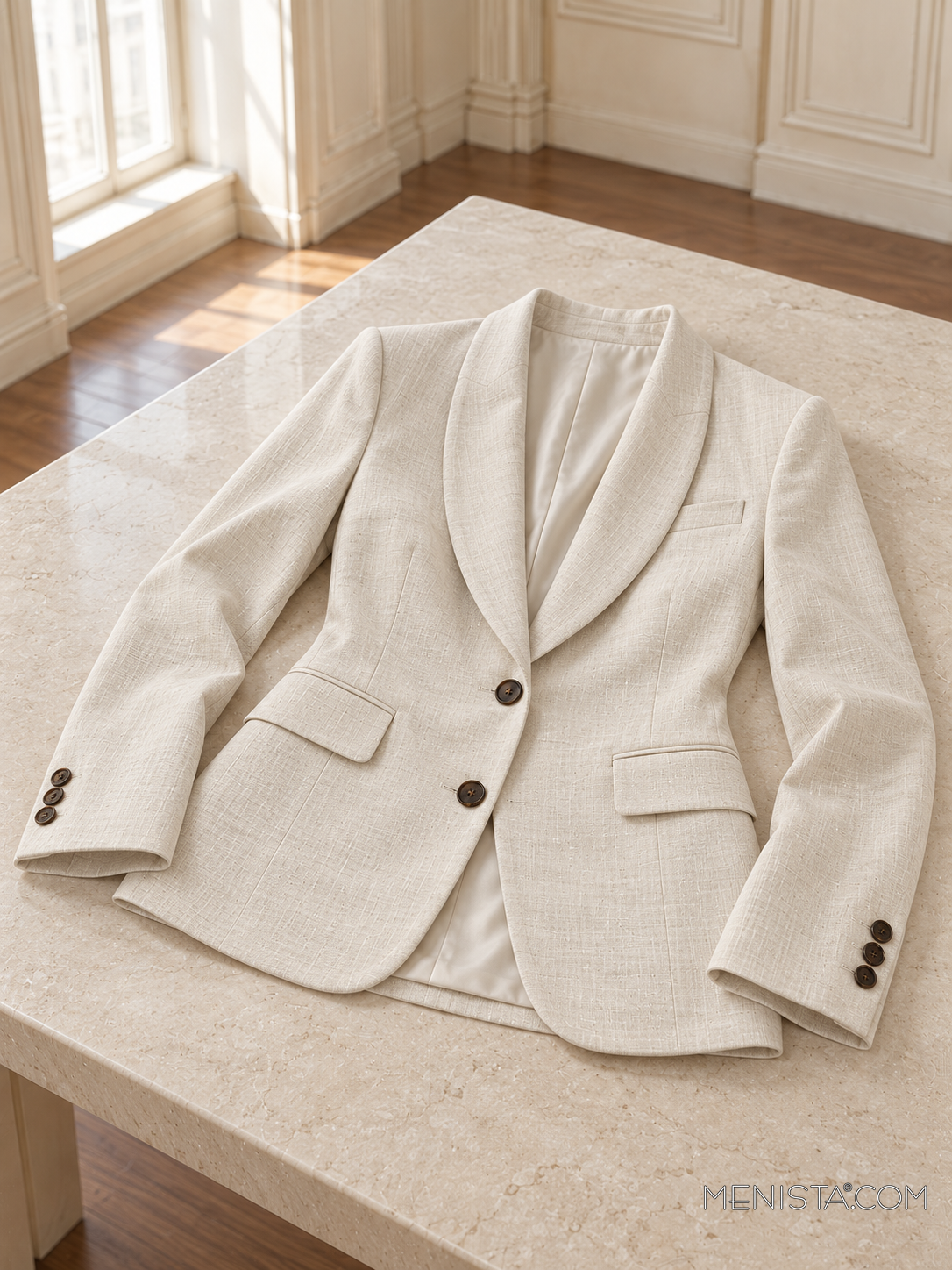 Amaranthe warm ivory linen jacket spread flat on a stone table with both sleeves supported.