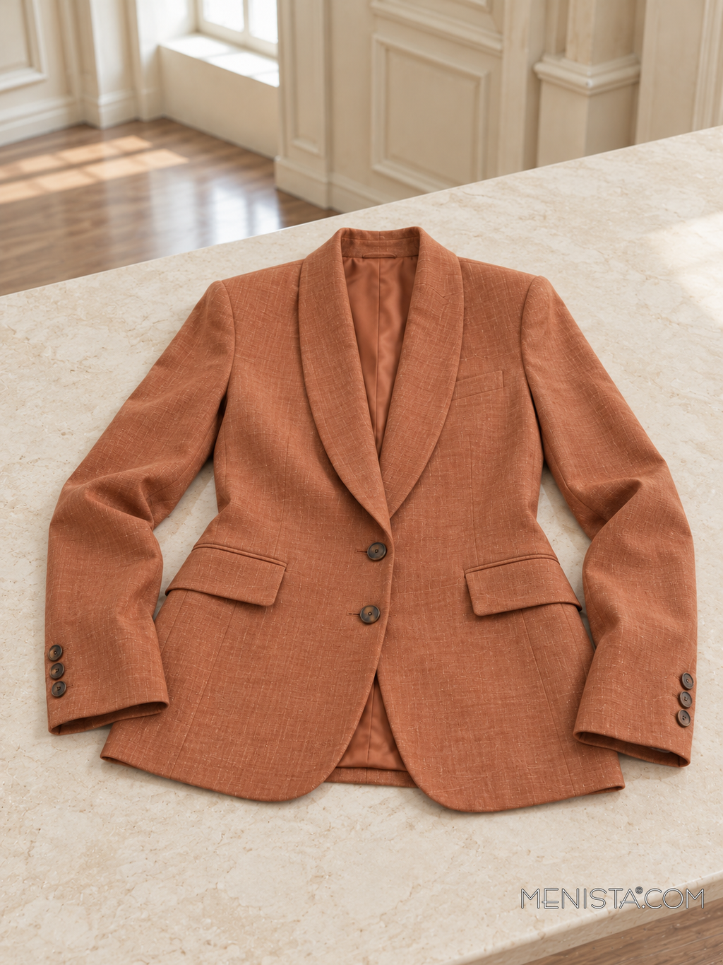 Artemise terracotta linen jacket laid flat and spread on a stone table with both sleeves supported.