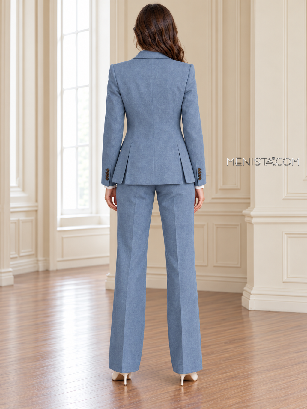 Back of Blythe linen jacket showing twin rear vents and matching full-length trousers.