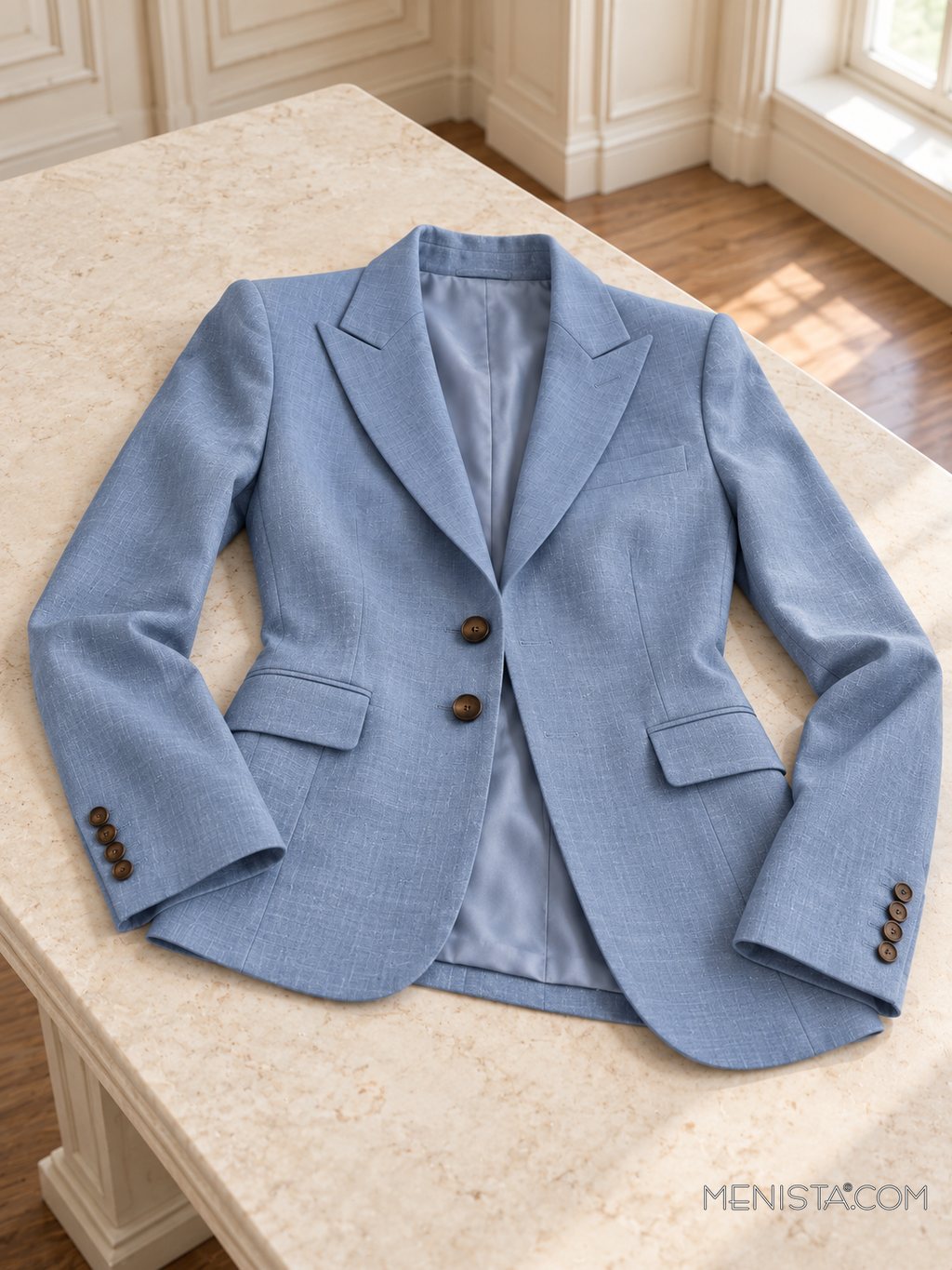 Blythe powder blue linen jacket spread flat on a stone table with both sleeves supported.