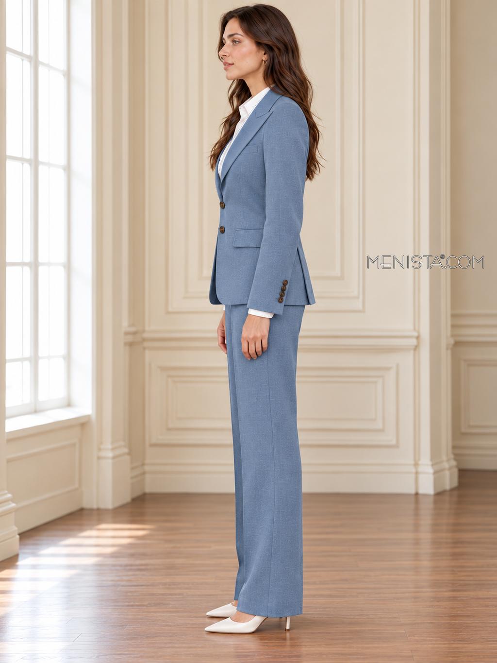 Blythe powder blue linen suit, upright full-body side profile.