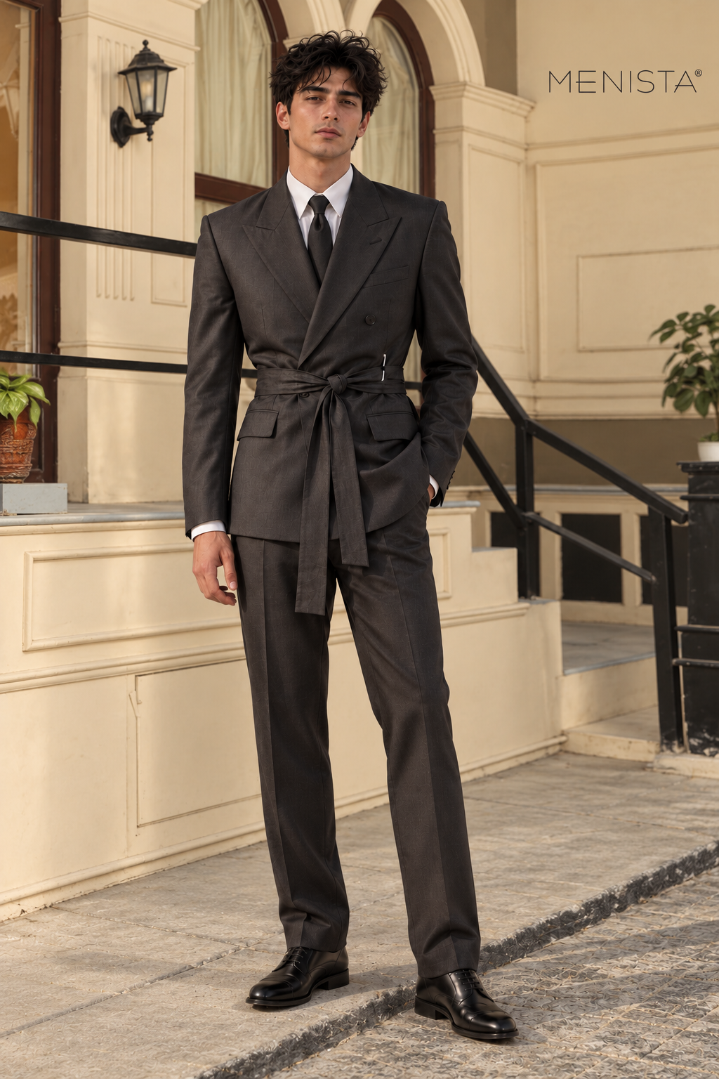 Bruce wearing the Benicio charcoal belted double-breasted suit outside a cream heritage building; full-body front view.