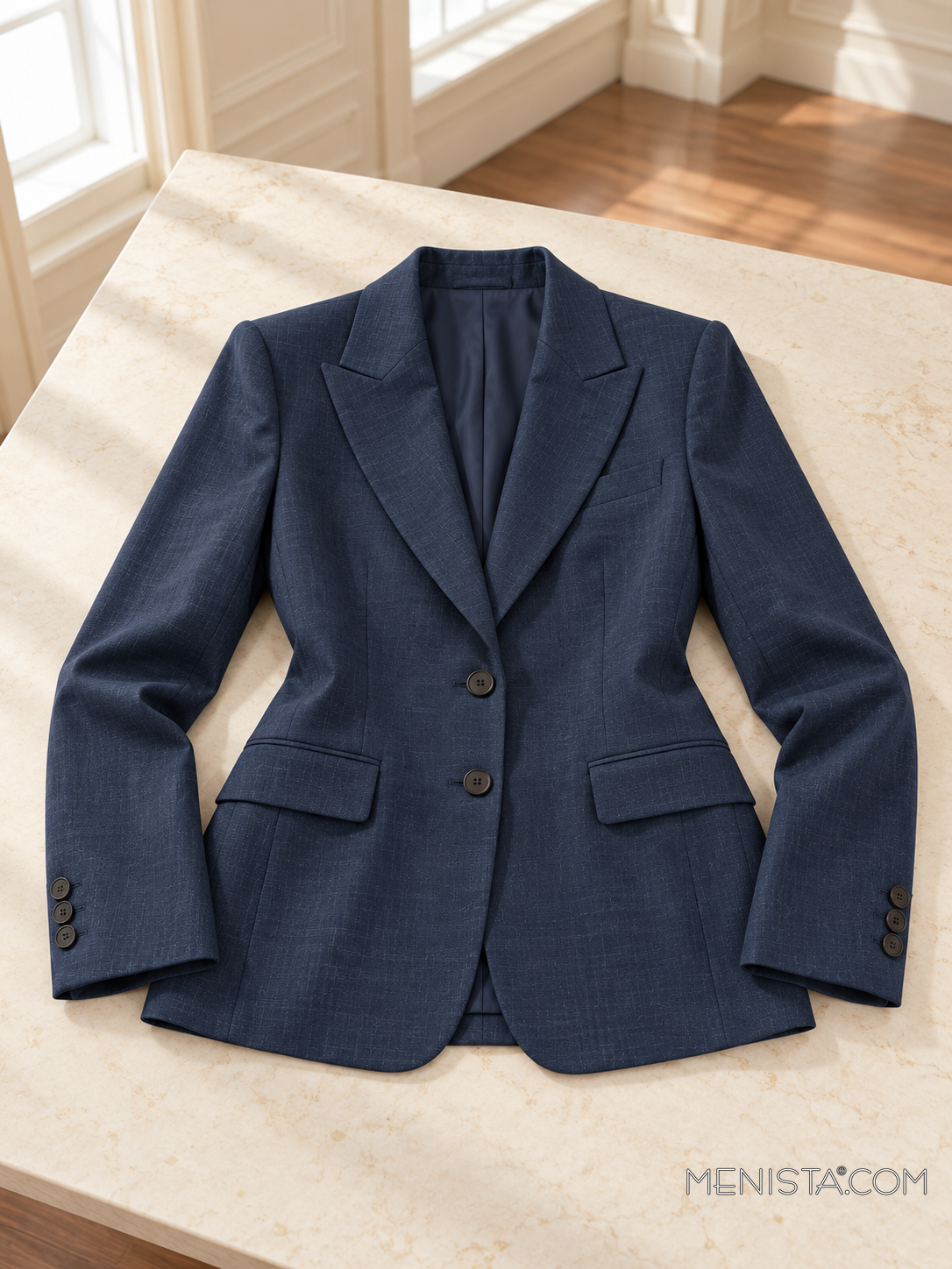 Calanthe deep navy linen jacket laid flat and spread on a stone table with both sleeves supported.