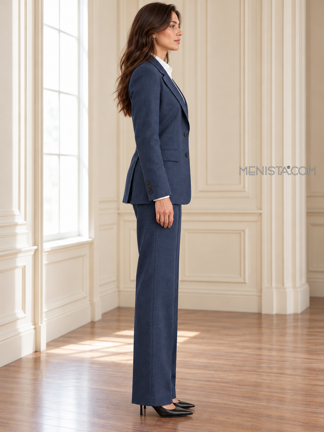 Calanthe women’s deep navy linen suit, upright full-body side profile.