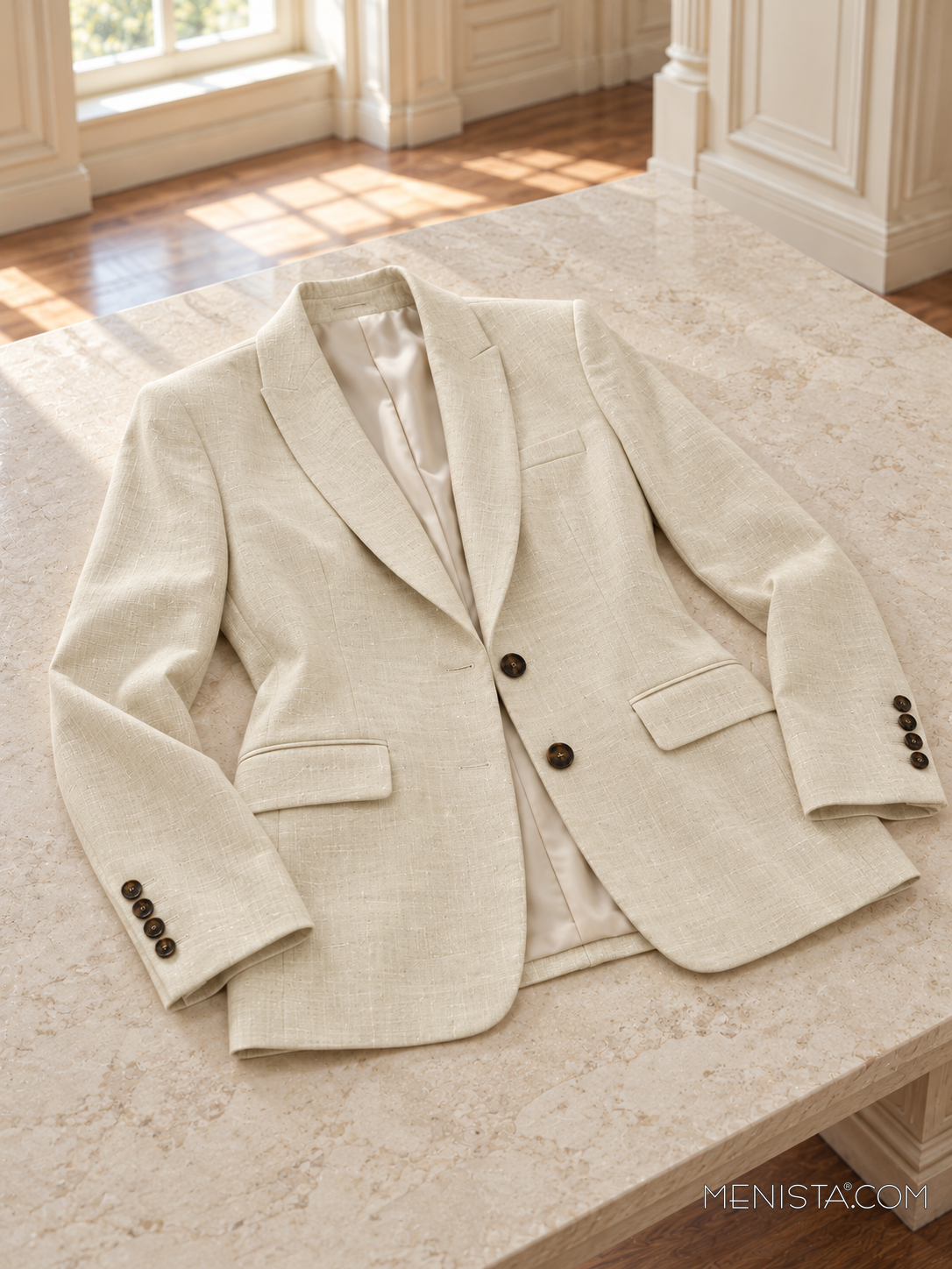 Camellia pale butter linen jacket spread flat on a stone table with both sleeves supported.