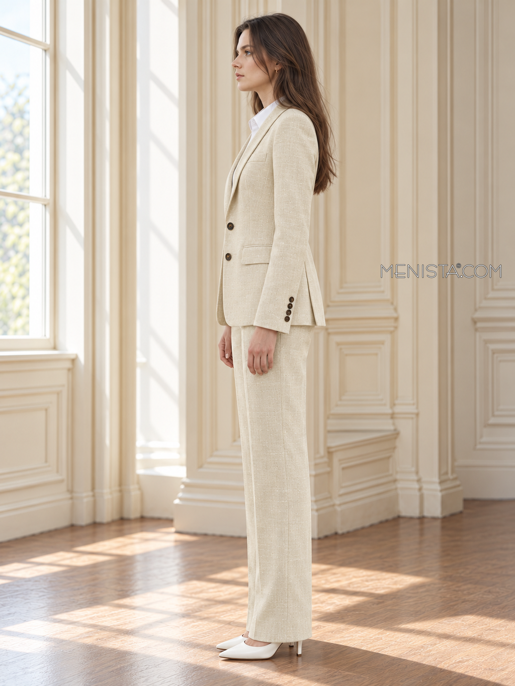 Camellia pale butter linen suit, upright full-body side profile.