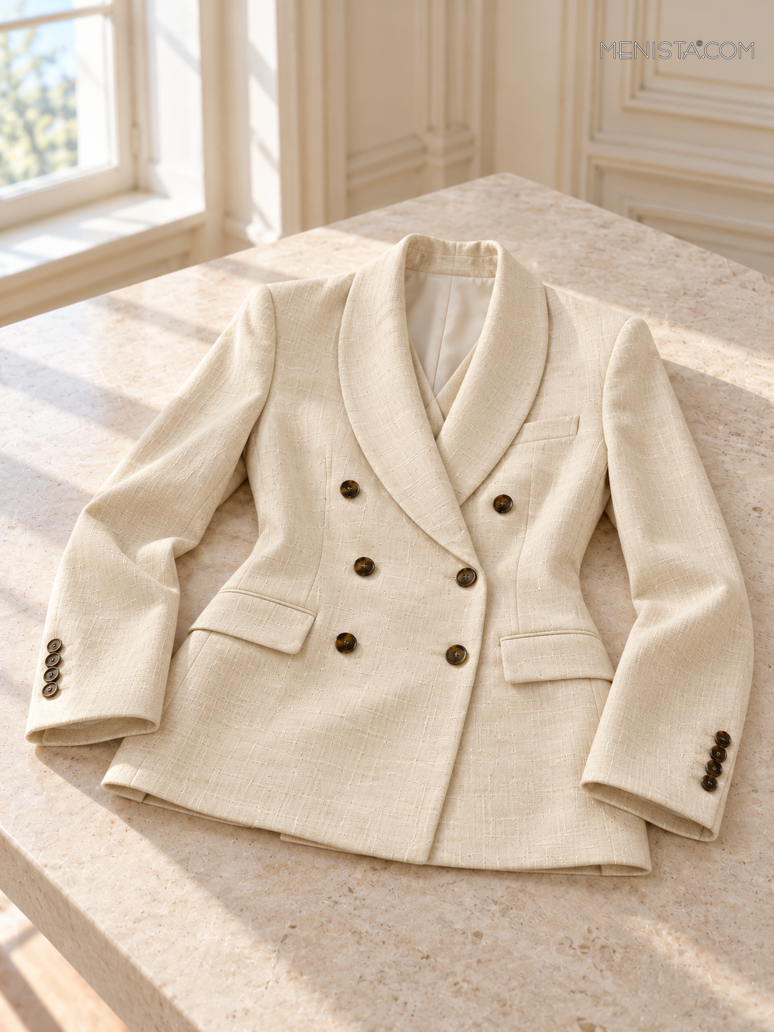 Camellia pale butter linen double-breasted jacket laid flat and spread on a stone table with both sleeves supported.