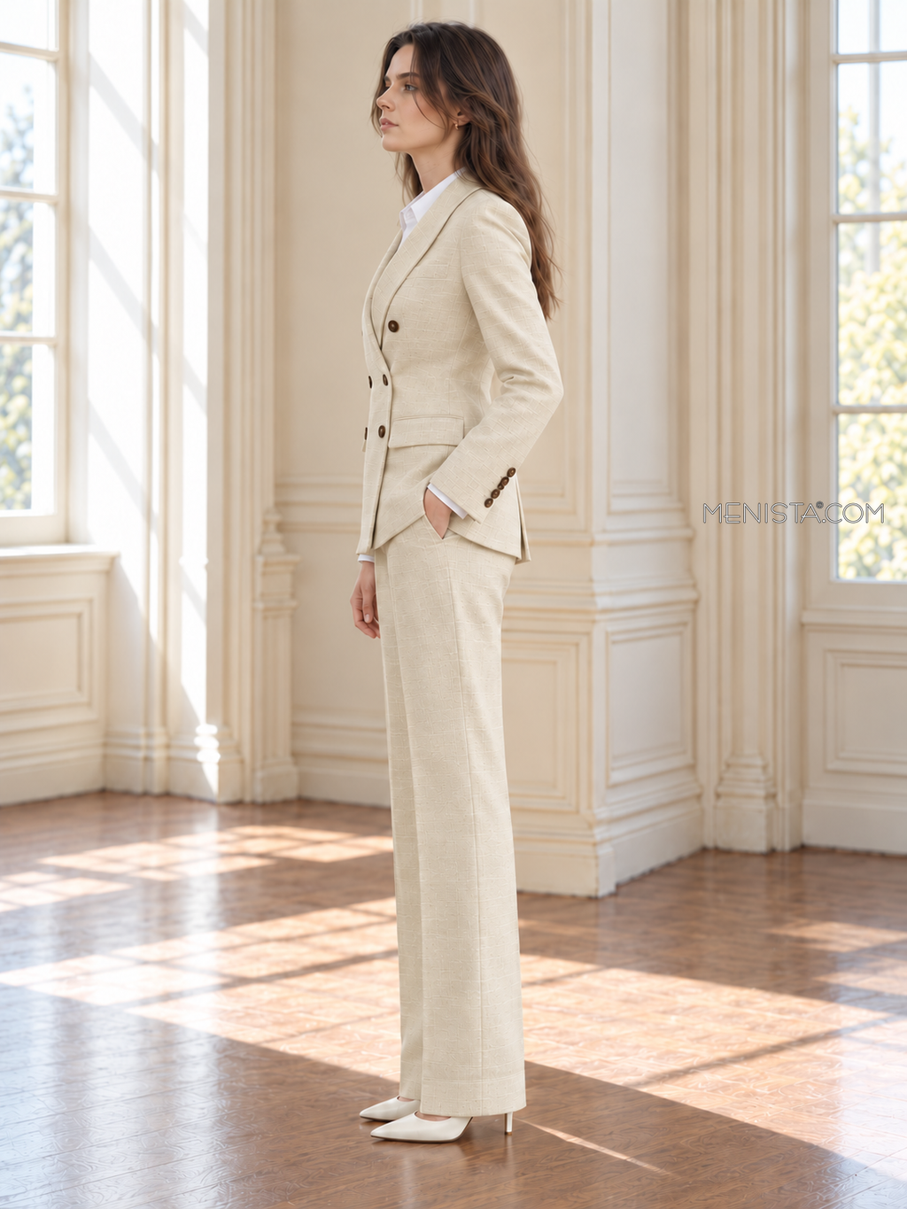 Camellia women’s pale butter linen three-piece suit, upright full-body side profile.