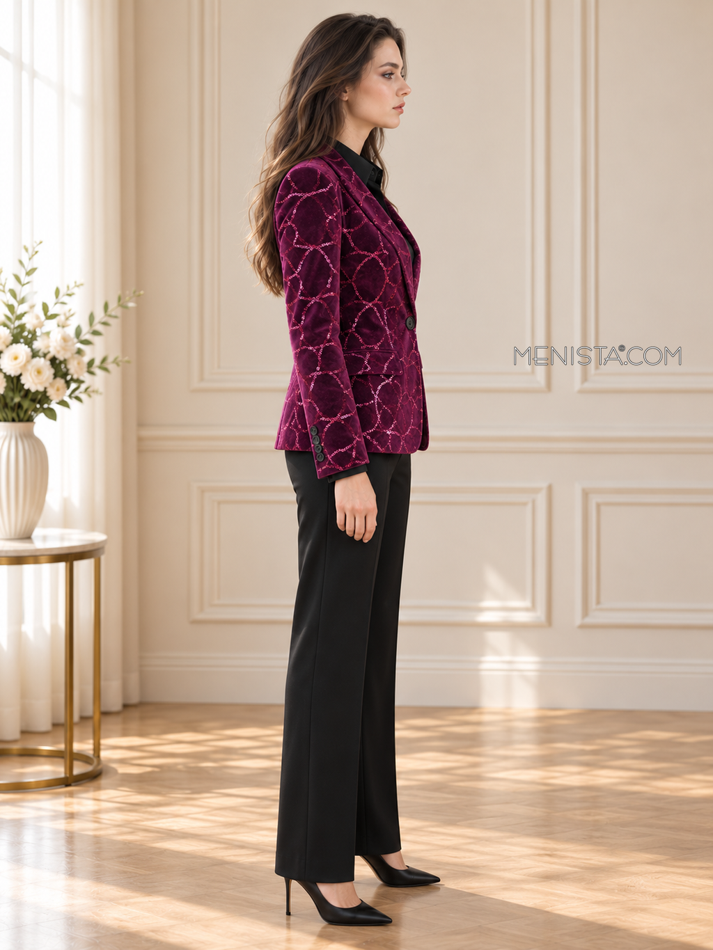 Sofia in true side profile wearing the purple circle-sequin jacket, black dress shirt, trousers and black pumps.