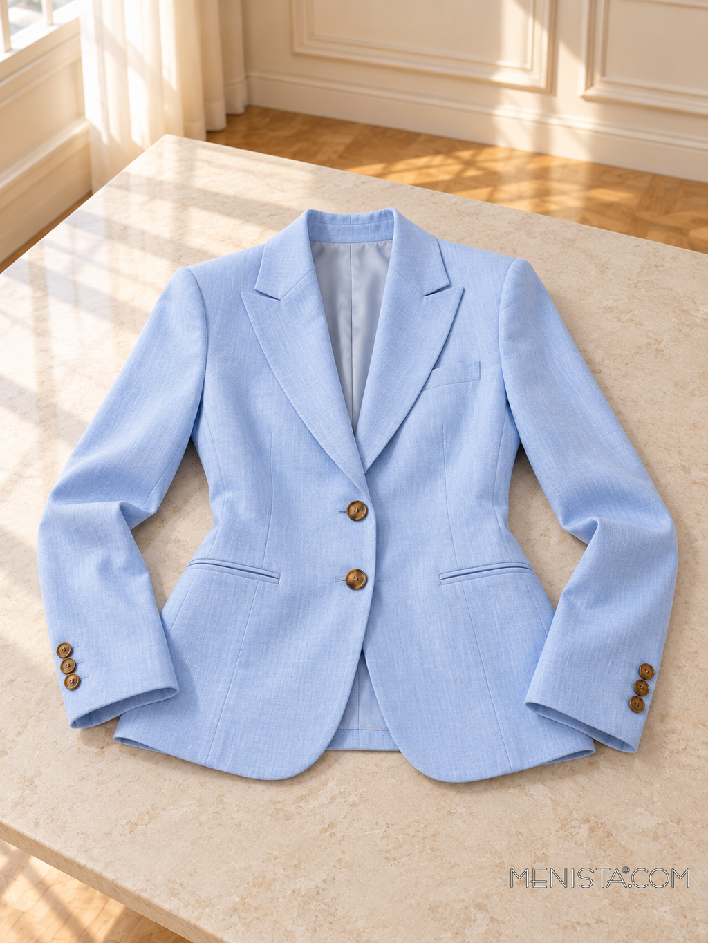Celestine sky blue linen jacket laid flat and spread on a stone table with both sleeves supported.