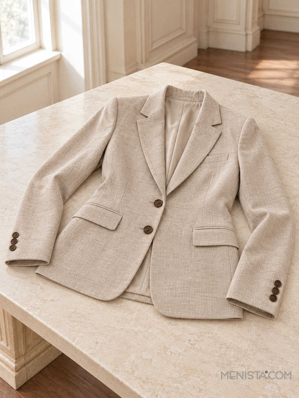 Cyrene oatmeal linen jacket spread flat on a stone table with both sleeves supported.